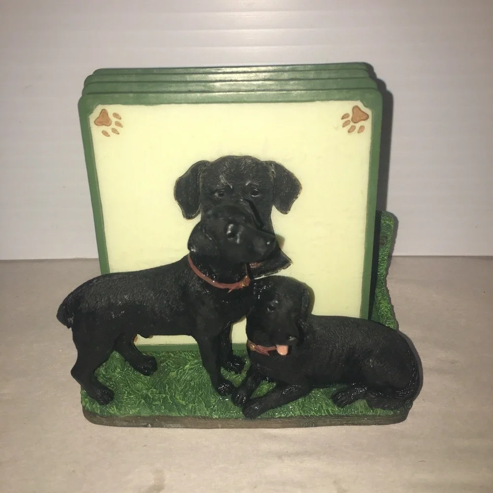 Black Lab Dogs Four Coaster Set with Holder Handpainted 3D Resin Read Descript